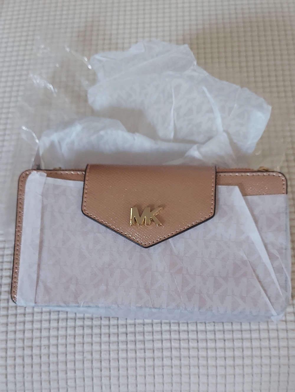 Michael Kors Tan Shimmer Phone Wallet/Small Crossbody with Gold MK Emblem